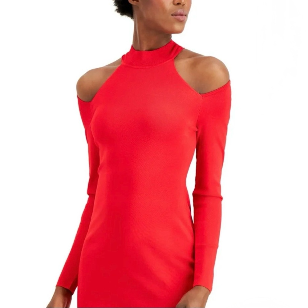 INC Red Cold Shoulder Mock Neck Long Sleeve Fitted Dress Size M